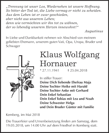 Traueranzeige von Klaus Wolfgang Hornauer von WVG - Wochenspiegel Wittenberg