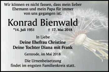 Traueranzeige von Konrad Bienwald von WVG - Wochenspiegel Quedlinburg