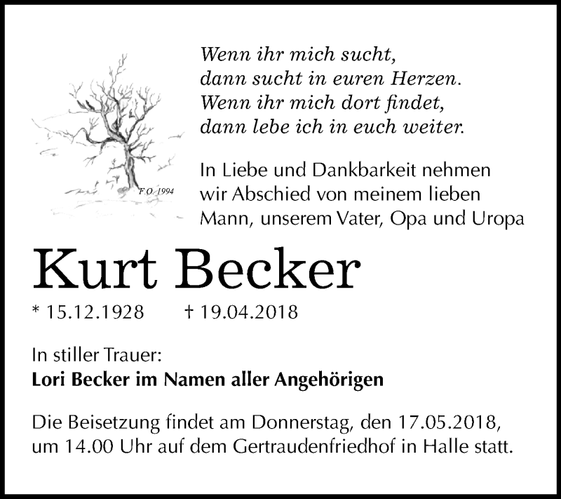  Traueranzeige für Kurt Becker vom 05.05.2018 aus Mitteldeutsche Zeitung Halle/Saalkreis
