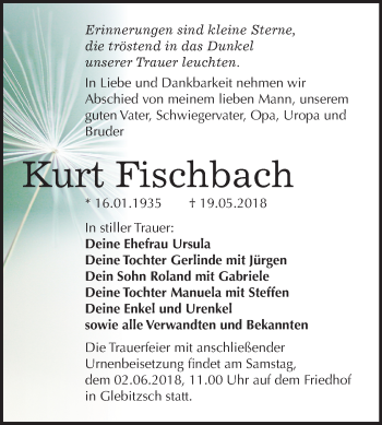 Traueranzeige von Kurt Fischbach von Mitteldeutsche Zeitung Bitterfeld