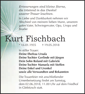 Traueranzeige von Kurt Fischbach von WVG - Wochenspiegel Bitterfeld