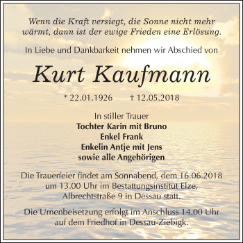 Traueranzeige von Kurt Kaufmann von Mitteldeutsche Zeitung Dessau-Roßlau
