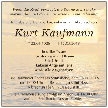 Traueranzeige von Kurt Kaufmann von WVG - Wochenspiegel Dessau / Köthen