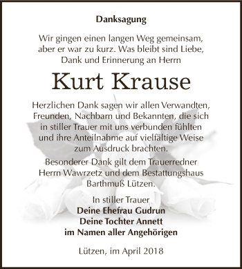 Traueranzeige von Kurt Krause von WVG - Wochenspiegel NMB / WSF / ZTZ