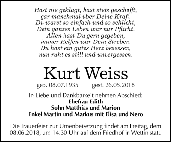 Traueranzeige von Kurt Weiss von Mitteldeutsche Zeitung Halle/Saalkreis