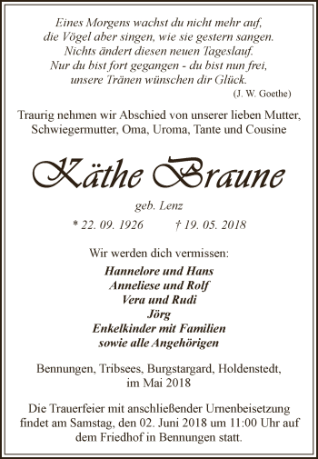 Traueranzeige von Käthe Braune von Super Sonntag SGH Mansf. Land