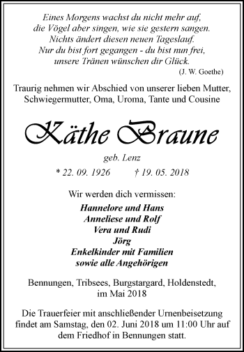 Traueranzeige von Käthe Braune von Mitteldeutsche Zeitung