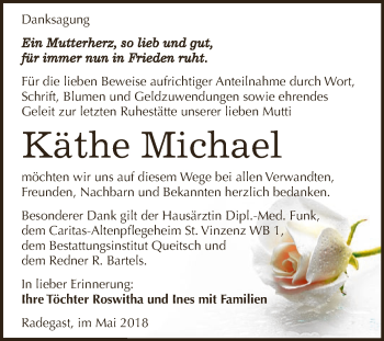 Traueranzeige von Käthe Michael von WVG - Wochenspiegel Dessau / Köthen