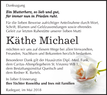 Traueranzeige von Käthe Michael von Mitteldeutsche Zeitung Köthen