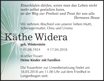 Traueranzeige von Käthe Widera von Mitteldeutsche Zeitung Halle/Saalkreis