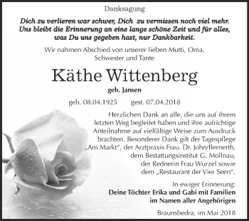 Traueranzeige von Käthe Wittenberg von WVG - Wochenspiegel Merseburg