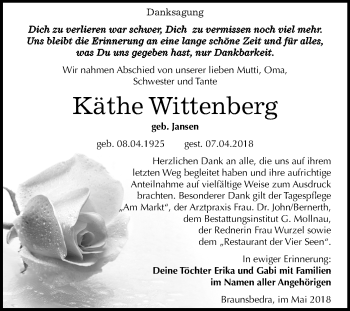 Traueranzeige von Käthe Wittenberg von Mitteldeutsche Zeitung Merseburg/Querfurt