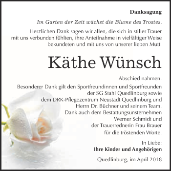Traueranzeige von Käthe Wünsch von Super Sonntag Quedlinburg
