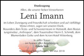 Traueranzeige von Leni Imann von Super Sonntag Wittenberg