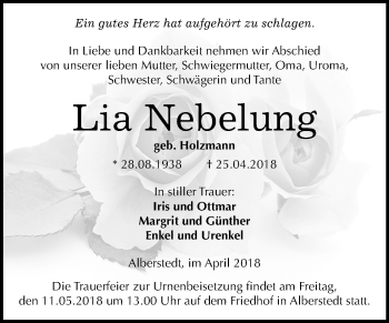 Traueranzeige von Lia Nebelung von Mitteldeutsche Zeitung Merseburg/Querfurt