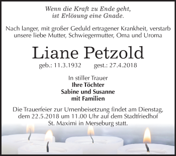Traueranzeige von Liane Petzold von Mitteldeutsche Zeitung Merseburg/Querfurt