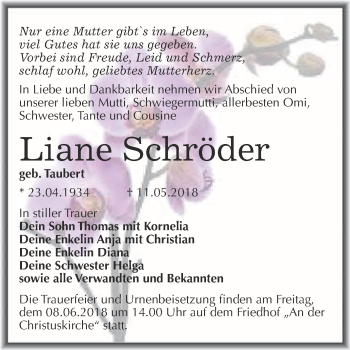 Traueranzeige von Liane Schröder von WVG - Wochenspiegel Wittenberg