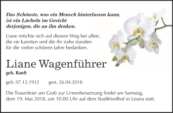 Traueranzeige von Liane Wagenführer von WVG - Wochenspiegel Merseburg