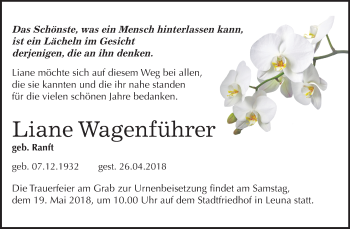 Traueranzeige von Liane Wagenführer von Mitteldeutsche Zeitung Merseburg/Querfurt