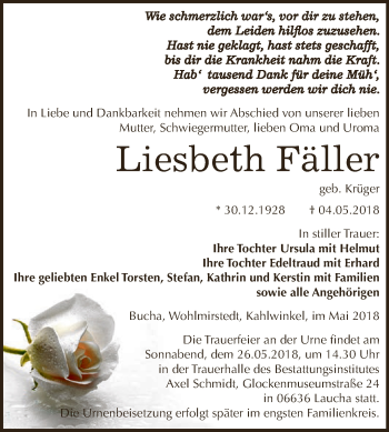 Traueranzeige von Liesbeth Fäller von WVG - Wochenspiegel NMB / WSF / ZTZ