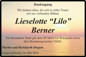 Traueranzeige von Lieselotte Berner von Mitteldeutsche Zeitung Quedlinburg