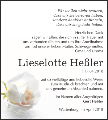 Traueranzeige von Lieselotte Heßler von WVG - Wochenspiegel Wittenberg
