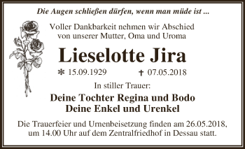 Traueranzeige von Lieselotte Jira von WVG - Wochenspiegel Dessau / Köthen