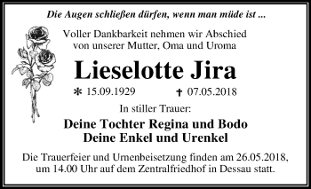 Traueranzeige von Lieselotte Jira von Mitteldeutsche Zeitung Dessau-Roßlau