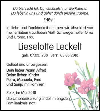 Traueranzeige von Lieselotte Leckelt von Mitteldeutsche Zeitung Zeitz