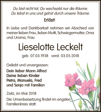 Traueranzeige von Lieselotte Leckelt von Super Sonntag Zeitz