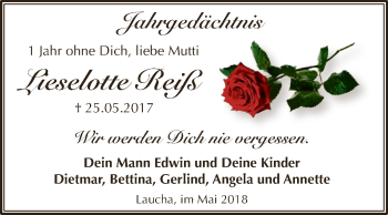 Traueranzeige von Lieselotte Reiß von WVG - Wochenspiegel NMB / WSF / ZTZ
