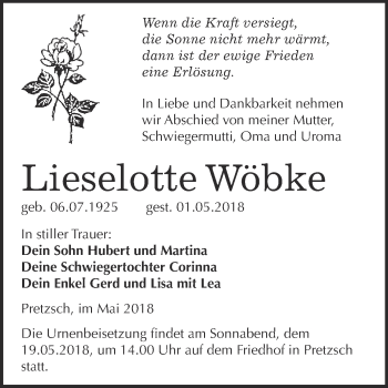 Traueranzeige von Lieselotte Wöbke von WVG - Wochenspiegel Wittenberg