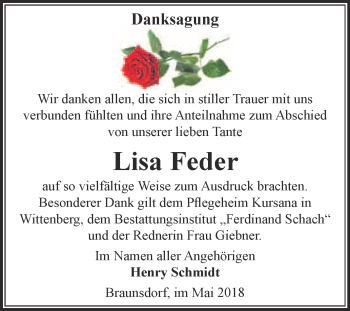 Traueranzeige von Lisa Feder von WVG - Wochenspiegel Wittenberg