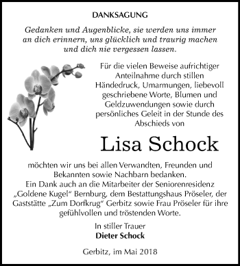 Traueranzeige von Lisa Schock von Mitteldeutsche Zeitung Bernburg