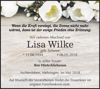 Traueranzeige von Lisa Wilke von Mitteldeutsche Zeitung Aschersleben
