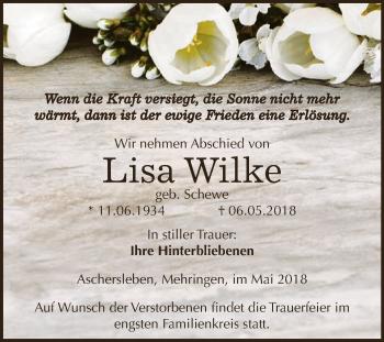 Traueranzeige von Lisa Wilke von Super Sonntag Aschersleben