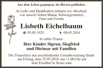 Traueranzeige von Lisbeth Eichelbaum von WVG - Wochenspiegel Dessau / Köthen