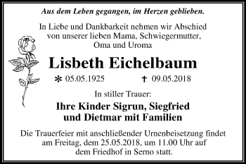 Traueranzeige von Lisbeth Eichelbaum von Mitteldeutsche Zeitung Dessau-Roßlau