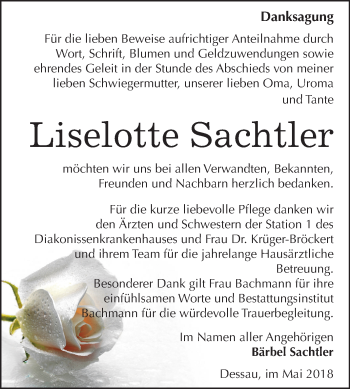 Traueranzeige von Liselotte Sachtler von Mitteldeutsche Zeitung Dessau-Roßlau