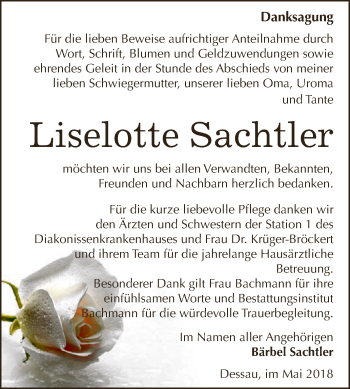 Traueranzeige von Liselotte Sachtler von WVG - Wochenspiegel Dessau / Köthen