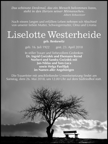 Traueranzeige von Liselotte Westerheide von Mitteldeutsche Zeitung Halle/Saalkreis