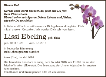 Traueranzeige von Lissi Ebeling von WVG - Wochenspiegel Dessau / Köthen