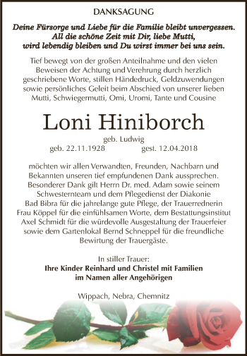 Traueranzeige von Loni Hiniborch von WVG - Wochenspiegel NMB / WSF / ZTZ