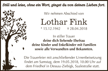 Traueranzeige von Lothar Fink von WVG - Wochenspiegel Dessau / Köthen