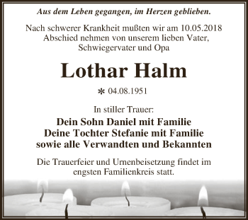 Traueranzeige von Lothar Halm von WVG - Wochenspiegel Dessau / Köthen