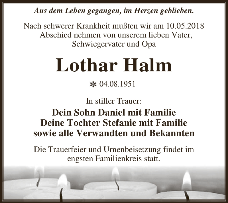  Traueranzeige für Lothar Halm vom 19.05.2018 aus WVG - Wochenspiegel Dessau / Köthen