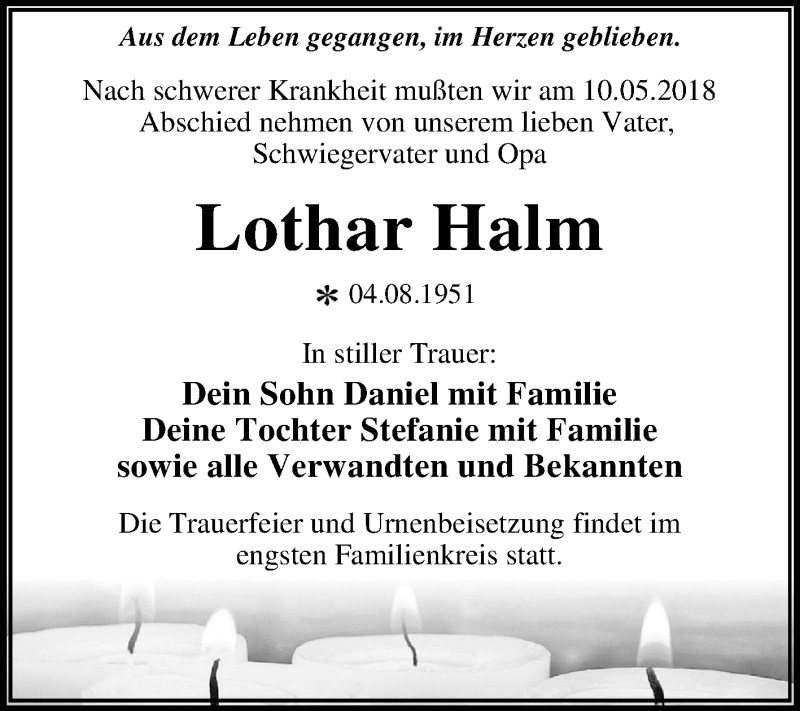  Traueranzeige für Lothar Halm vom 19.05.2018 aus Mitteldeutsche Zeitung Dessau-Roßlau