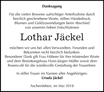 Traueranzeige von Lothar Jäckel von Mitteldeutsche Zeitung Aschersleben