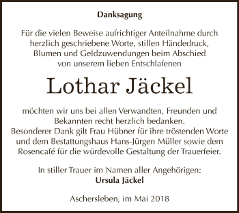 Traueranzeige von Lothar Jäckel von Super Sonntag Aschersleben