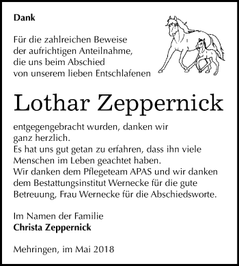 Traueranzeige von Lothar Zeppernick von Mitteldeutsche Zeitung Aschersleben